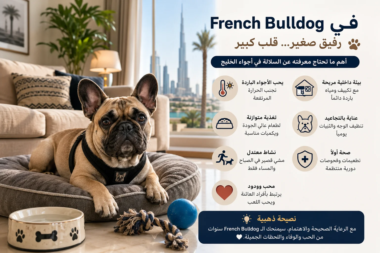 French Bulldog في الخليج: الدليل الشامل لتربية السلالة في أجواء الخليج 