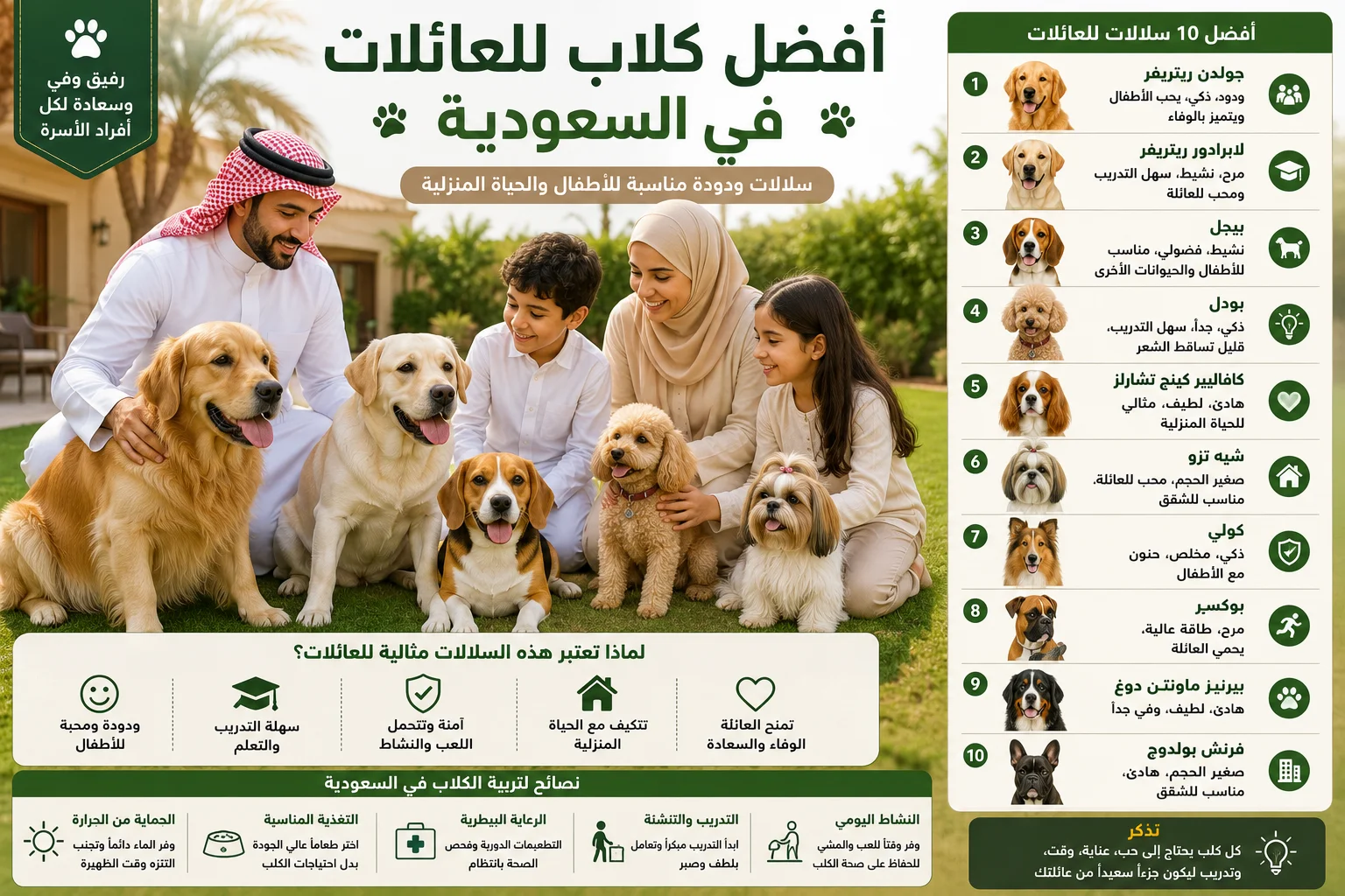 أفضل كلاب للعائلات في السعودية: سلالات ودودة ومناسبة للأطفال