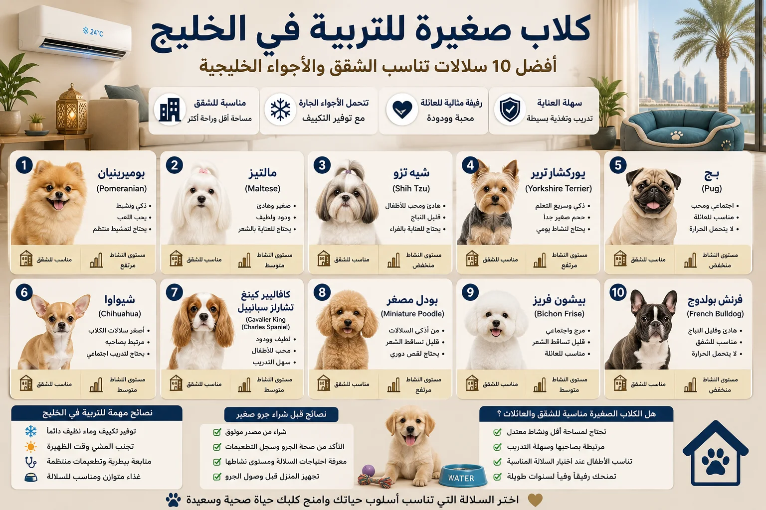 كلاب صغيرة للتربية في الخليج: أفضل 10 سلالات تناسب الشقق والعائلات