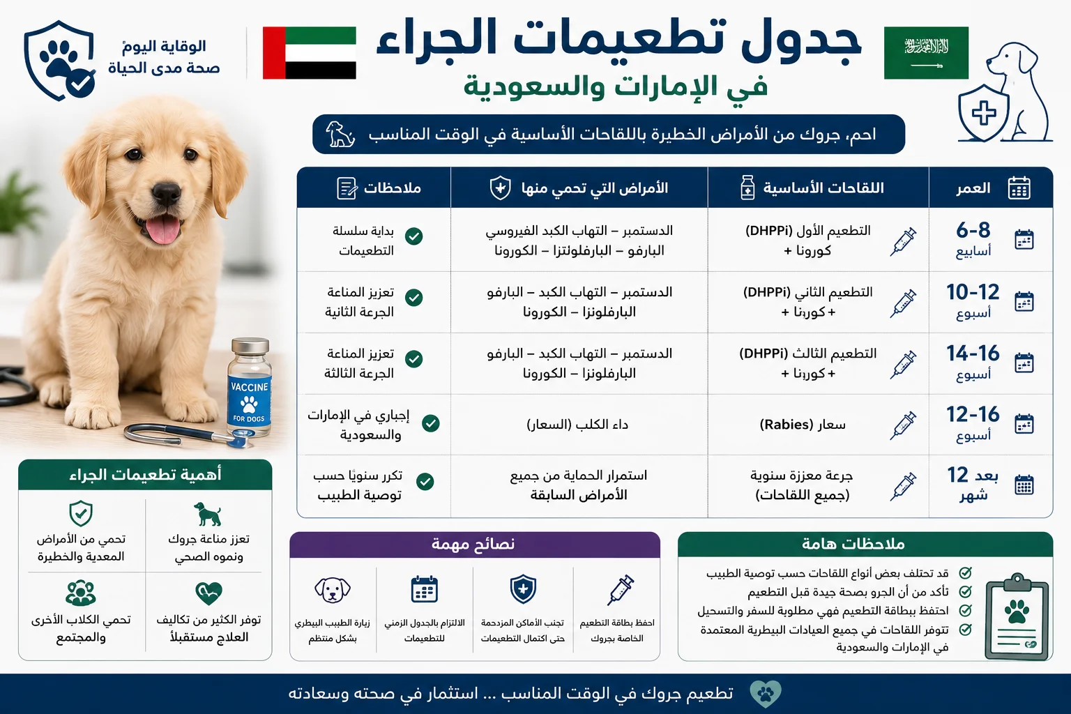 جدول تطعيمات الجراء في الإمارات والسعودية: الدليل الطبي والبيطري الشامل لحماية كلبك الصغير