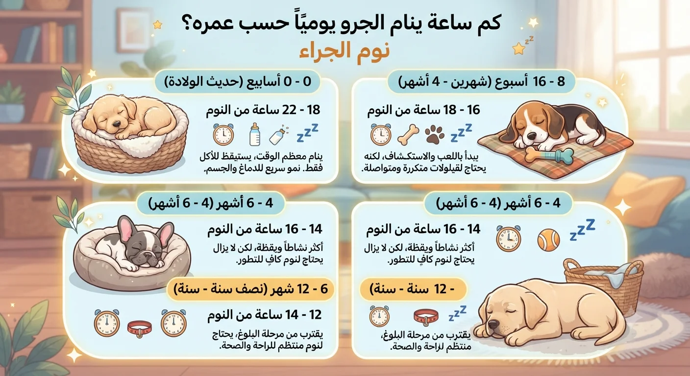 كم ساعة ينام الجرو يوميًا حسب عمره؟