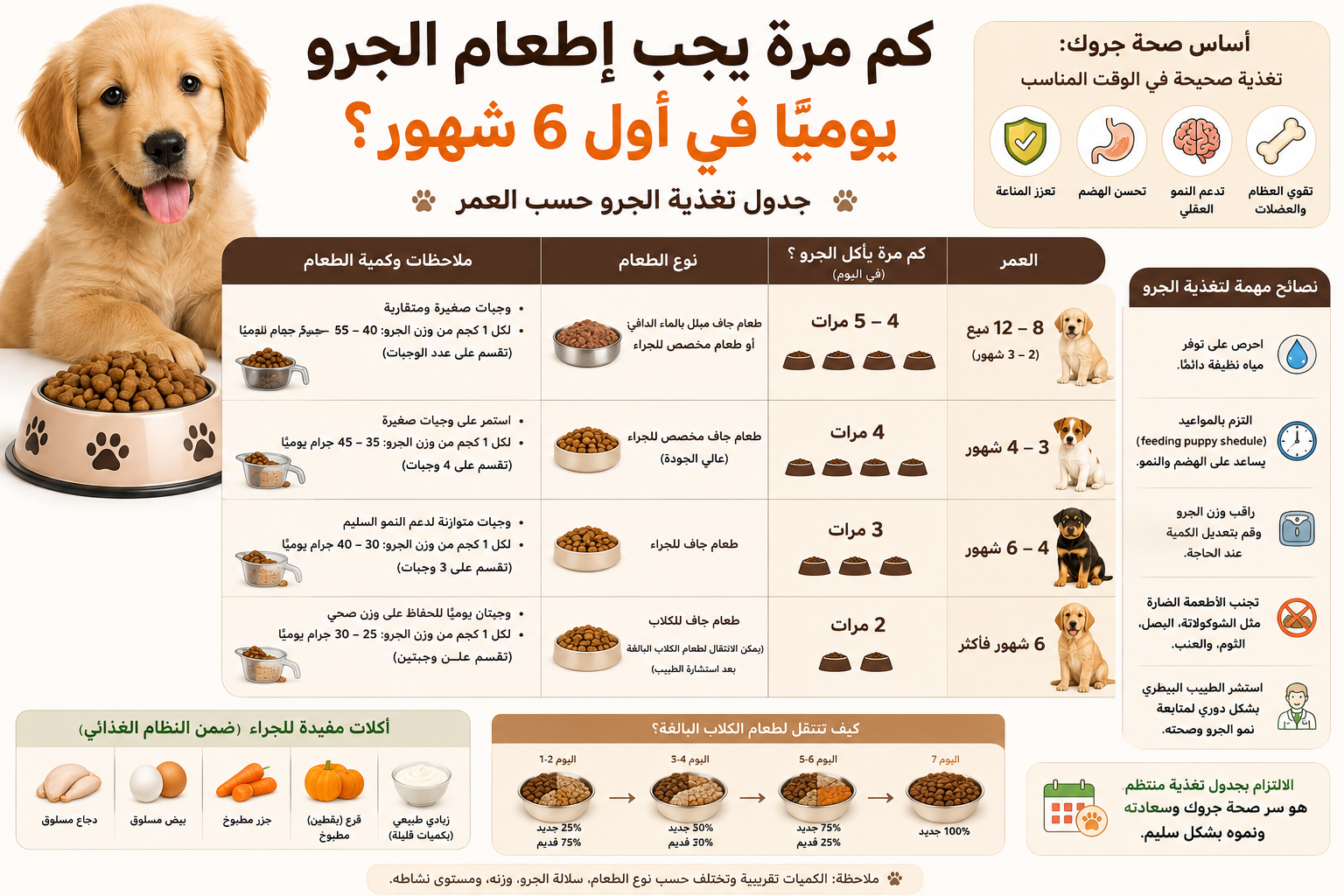 كم مرة يجب إطعام الجرو يوميًا في أول 6 شهور؟