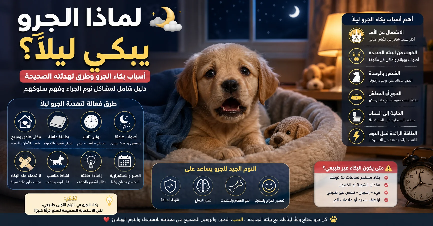 لماذا يبكي الجرو أثناء الليل بعد نقله إلى المنزل؟